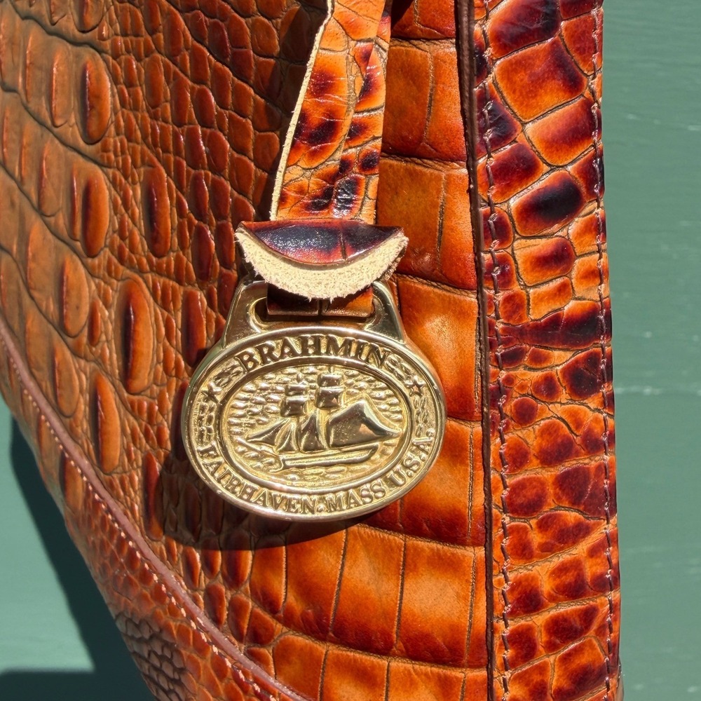 Brahmin Pecan Croc Embossed Leather Shoulder Bag Brown Y2K Vintage Preppy USA - Picture 3 of 10